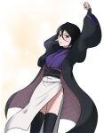  1girl alternate_costume arms_up black_hair black_sash black_thighhighs bleach blue_kimono blush closed_mouth double-parted_bangs feet_out_of_frame floating_clothes gwao_(_ul_13) hair_between_eyes highres hip_vent japanese_clothes kimono kuchiki_rukia layered_clothes layered_kimono long_sleeves looking_at_viewer open_clothes open_kimono purple_kimono sash short_hair simple_background skirt solo standing thigh-highs v-shaped_eyebrows violet_eyes white_skirt wide_sleeves 