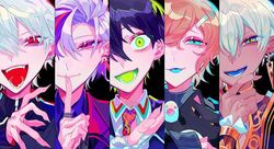  5boys aegyo_sal animal aqua_eyes aqua_tongue bandaged_hand bandages black_background black_cat black_hair black_jacket blue_eyes blue_mouth brown_hair cat character_request closed_mouth collared_shirt colored_mouth dark-skinned_male dark_skin ear_piercing earrings fangs fingernails fuwa_minato green_eyes grey_hair grey_sweater hair_behind_ear hair_between_eyes hair_ornament half-closed_eyes hand_on_own_chin hand_up himanemuitoma holding holding_animal index_finger_raised jacket jewelry kenmochi_touya kuzuha_(nijisanji) long_sleeves looking_at_viewer lower_teeth_only male_focus multicolored_hair multiple_boys necktie nijisanji open_mouth parted_hair piercing portrait purple_hair purple_shirt red_eyes red_necktie redhead ring shirt simple_background sleeves_past_wrists smile streaked_hair sweater teeth tongue tongue_out turtleneck turtleneck_jacket turtleneck_sweater violet_eyes virtual_youtuber white_hair white_shirt wide-eyed zipper 