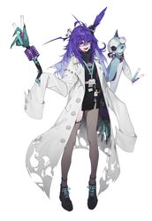  1girl absurdres ahoge asymmetrical_legwear black_footwear black_skirt blue_eyes coat dr.nova(e) flat_chest full_body hair_ornament highres id_card kamameshi_gougoumaru lab_coat lanyard long_hair long_sleeves looking_at_viewer mad_scientist messy_hair object_through_head open_mouth purple_hair screw_in_head shirt simple_background skirt sleeves_past_fingers sleeves_past_wrists solo stitches test_tube torn_clothes torn_coat turtleneck v4mirai virtual_youtuber white_background white_coat 