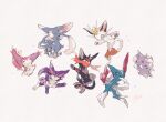  :3 animal_focus blue_eyes claws closed_eyes closed_mouth commentary_request espurr glameow highres kanami_(bprod) litten looking_down meowth no_humans pokemon pokemon_(creature) purrloin red_eyes signature skitty smile sneasel white_background 