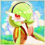  1girl arms_at_sides artist_name blue_hairband blue_sky blush bob_cut border closed_mouth clouds colored_skin commentary_request day flat_chest gardevoir grass green_hair green_hat green_skin hair_over_one_eye hairband happy hat heart heart_in_eye highres looking_at_viewer mini_hat multicolored_skin one_eye_covered outdoors outline outside_border pokemon pokemon_(creature) rainbow red_eyes short_hair signature sky smile solo sparkle split_mouth standing symbol_in_eye tilted_headwear two-tone_skin upper_body white_skin yellow_border yellow_outline yuri_(fl0werspace) 