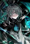  1boy absurdres ahoge ainchase_ishmael artist_name black_background black_robe chromatic_aberration closed_mouth colored_inner_hair core disembodied_eye elsword expressionless frown green_eyes green_hair grey_eyes grey_hair hair_over_one_eye herrscher_(elsword) high_ponytail highres hole_in_chest hole_on_body hollow_body long_hair long_sleeves looking_afar male_focus multicolored_eyes multicolored_hair narugrm pale_skin ponytail ringed_eyes robe simple_background solo third_eye_on_chest twitter_username two-tone_eyes unraveling very_long_hair 