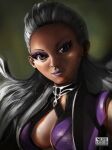 1girl dark_green_background digital_painting face female flavioluccisano highres mature_female mortal_kombat painting portrait queen royal royalty simple_background sindel tagme violet_eyes