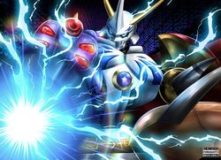  arm_blade arm_cannon armor blue_eyes chest_jewel close-up digimoji digimon digimon_(creature) electricity energy horns omegamon onikuyasan1224 powering_up robot shoulder_armor weapon 