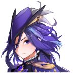  1girl absurdres brooch clorinde_(genshin_impact) dated genshin_impact hat highres jewelry long_hair looking_at_viewer portrait purple_hair purple_hat simple_background solo szei tricorne violet_eyes white_background 