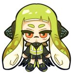  1girl agent_3_(splatoon) black_cape black_headphones blonde_hair cape high-visibility_vest inkling inkling_girl inkling_player_character long_hair long_sleeves looking_at_viewer orange_eyes patchwork_clothes salmon_yeon_eo simple_background single_vertical_stripe solo splatoon_(series) splatoon_1 splatoon_2 squidbeak_splatoon suction_cups tentacle_hair vest white_background yellow_vest 