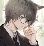  1boy animal_ear_fluff animal_ears arknights bespectacled black_necktie black_suit brown_hair cat_ears collared_shirt commentary_request glasses korean_commentary long_sleeves looking_down male_focus material_growth necktie oripathy_lesion_(arknights) p_(hgdsisd) phantom_(arknights) plant shirt short_hair simple_background solo suit upper_body white_background white_shirt yellow_eyes 