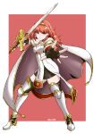  1girl absurdres bare_shoulders black_gloves black_skirt black_thighhighs breasts brown_eyes cape celica_(fire_emblem) cloak dress earrings fingerless_gloves fire_emblem fire_emblem_echoes:_shadows_of_valentia full_body gloves haho highres holding holding_sword holding_weapon jewelry leg_armor looking_at_viewer medium_hair orange_hair skirt sleeveless sleeveless_dress solo sword thigh-highs tiara toyota_celica weapon white_cape white_dress 