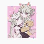  2girls :3 animal_ears arknights bare_back black_shirt blush border bright_pupils cat_ears closed_mouth confetti dot_nose earrings eyelashes fox_mask grey_eyes grey_hair hair_ornament hairclip hug jewelry kazemaru_(arknights) mask mask_on_head multiple_girls ring shirt sirakaro white_border white_pupils 