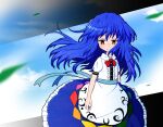  1girl apron astu_penguin back_bow blue_bow blue_hair blue_sash blue_skirt blue_sky bow bowtie buttons center_frills circle_skirt closed_mouth clouds collared_shirt commentary_request cowboy_shot day diao_ye_zong frilled_skirt frills highres hinanawi_tenshi light_blush light_frown long_hair looking_at_viewer no_headwear outdoors puffy_short_sleeves puffy_sleeves rainbow_gradient red_bow red_bowtie sash shide shirt short_sleeves skirt sky solo touhou waist_apron waist_sash white_apron white_shirt white_sleeves wind yellow_eyes 