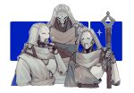  3boys 47_lall blue_background cropped_torso crossed_arms holding holding_staff hood hood_up humanoid_robot male_focus mondatta_(overwatch) monk multiple_boys omnic overwatch overwatch_2 ramattra_(overwatch) robe robot simple_background sparkle staff thumb_to_chin two-tone_background upper_body white_background zenyatta_(overwatch) 