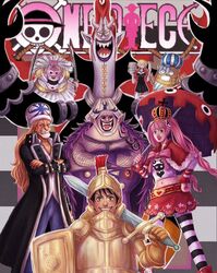  3boys 3girls absalom anavi_arts armor ascot black_dress black_eyes black_hair blonde_hair blunt_bangs bob_cut bow bowtie capelet charlotte_lola coat copyright_name crop_top crossed_arms crown derivative_work doctor_hogback dress english_commentary fangs feather_boa gecko_moria helmet highres holding holding_plate holding_sword holding_umbrella holding_weapon horns kumacy long_hair looking_at_viewer monkey_d._luffy multiple_boys multiple_girls one_piece open_mouth pantyhose perona pink_bow pink_bowtie plate pointy_ears red_capelet red_lips redhead scar scar_on_face sharp_teeth smile stitched_face stitches striped_clothes striped_pantyhose stuffed_animal stuffed_toy sunglasses sword teeth twintails umbrella victoria_cindry weapon wedding_dress white_ascot zombie 