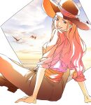  1girl animal bird charlotte_linlin clouds cloudy_sky commentary_request cowboy_hat hat highres korean_commentary lips lipstick long_hair looking_at_viewer looking_back lunglu7 makeup one_piece pink_hair pink_lips pink_shirt sash shirt sitting sky smile solo 