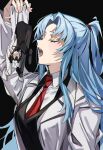  1boy 1girl angela_(project_moon) arm_up ayin_(project_moon) black_jacket black_pants blue_hair closed_eyes coat collared_shirt highres jacket lab_coat lobotomy_corporation long_hair mini_person miniboy mu46016419 necktie one_side_up open_mouth pants parted_bangs project_moon red_necktie shirt sidelocks very_long_hair white_coat white_shirt x_(project_moon) 