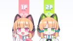  2girls :&lt; absurdres animal_ear_headphones animal_ears blonde_hair blue_archive blue_bow blue_necktie blush_stickers bow chibi collared_shirt commentary fake_animal_ears frown game_console green_eyes hair_bow handheld_game_console headphones highres holding holding_handheld_game_console jacket midori_(blue_archive) momoi_(blue_archive) multiple_girls multiple_hair_bows necktie outstretched_arm pink_eyes playing_games rabe26k red_bow shirt siblings sisters smile suspenders twins v white_shirt 