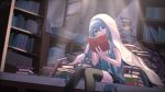  1girl bed_sheet blue_eyes book book_stack bookshelf hatsune_miku holding holding_book indoors ladder library long_hair nashinome_(y5wlht) necktie reading shirt silk sitting sleeveless sleeveless_shirt solo spider_web sunlight thigh-highs twintails very_long_hair vocaloid 