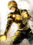  1boy aku-usagi artist_name black_sclera blonde_hair colored_sclera commentary cyborg earrings english_commentary genos jewelry male_focus one-punch_man short_hair solo teeth tumblr_username yellow_eyes 