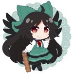  1girl ahoge arm_cannon black_hair bow brown_eyes chibi closed_mouth commentary_request full_body green_bow hair_bow highres juliet_sleeves long_hair long_sleeves looking_at_viewer puffy_sleeves reiuji_utsuho rizleting smile solo third_eye touhou very_long_hair weapon white_background 