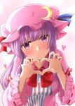 1girl ascot blush breasts crescent crescent_hat_ornament frilled_sleeves frills hat hat_ornament heart heart_hands long_hair mob_cap patchouli_day patchouli_knowledge pink_hat purple_hair ram_hachimin red_ascot solo touhou upper_body violet_eyes 