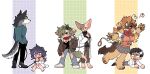  3boys 3girls ahoge animal_collar animal_ears animal_feet animal_hands bandaid bandaid_on_head barefoot black_hair black_shirt black_sweater blank_eyes blue_shirt blush body_fur brown_eyes brown_fur brown_hair brown_jacket brown_pants bug butterfly cat_boy cat_ears cat_tail chain chain_leash chasing chest_harness claws closed_mouth coat collar collared_coat colored_sclera commentary_request deformed denim dog_ears dog_girl dog_tail dress fangs floppy_ears full_body fur-trimmed_jacket fur_trim furry furry_female furry_male green_eyes green_hair grey_background grey_eyes grey_fur grey_skirt grid_background hand_in_pocket hands_in_pockets hands_up harness heart heart_ahoge highres holding holding_leash jacket jeans leash long_hair long_sleeves looking_at_another looking_at_viewer looking_back lying multicolored_hair multiple_boys multiple_girls on_stomach open_mouth original pants plaid plaid_skirt purple_background purple_hair rata_(norahasu) red_collar running school_uniform shirt shoes short_hair short_sleeves sitting skirt slit_pupils sneakers sphinx spiked_collar spikes standing streaked_hair sweater tail torn_clothes torn_jeans torn_pants turtleneck turtleneck_sweater very_short_hair werewolf white_background white_coat white_dress white_footwear wolf_boy wolf_ears wolf_tail yellow_background yellow_eyes yellow_sclera 