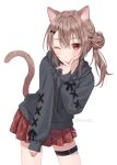  1girl animal_ear_fluff animal_ears anz32 brown_hair cat_ears cat_girl cat_tail closed_mouth commentary drawstring grey_hoodie hair_between_eyes hair_bun hand_up hood hood_down hoodie long_sleeves looking_at_viewer nina_(anz32) one_eye_closed original plaid plaid_skirt pleated_skirt puffy_long_sleeves puffy_sleeves red_eyes red_skirt side_ponytail simple_background single_side_bun skirt sleeves_past_wrists solo standing symbol-only_commentary tail thigh_strap twitter_username v_over_mouth white_background 
