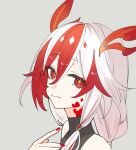  1girl bare_shoulders closed_mouth fu_hua fu_hua_(fenghuang_of_vicissitude) grey_background hair_between_eyes hand_up honkai_(series) honkai_impact_3rd long_hair looking_at_viewer multicolored_hair nail_polish portrait red_eyes red_nails redhead sho_2nini simple_background solo two-tone_hair white_hair 