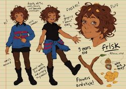  1other androgynous black_footwear black_shirt boots brown_eyes brown_hair brown_pantyhose character_profile clothes_around_waist commentary curly_hair dark_skin english_commentary english_text frisk_(undertale) louise_artist other_focus pantyhose petals shirt short_shorts shorts smile stick sweater sweater_around_waist undertale 