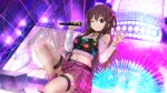  1girl 22/7 22/7_ongaku_no_jikan \||/ braid braided_hair_rings brown_eyes brown_hair choker closed_mouth collarbone concert dutch_angle fishnet_thighhighs fishnets game_cg hair_between_eyes hair_ribbon hands_up highres holding holding_microphone idol jewelry lens_flare light_particles long_hair long_sleeves looking_at_viewer microphone navel non-web_source official_art on_one_knee one_eye_closed pendant pink_footwear pink_skirt plaid plaid_skirt pleated_skirt ribbon screen_zoom sidelocks skirt smile solo sparkle stage_lights tachikawa_ayaka thigh-highs twin_braids 
