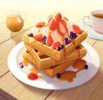  blueberry cup food food_focus fruit highres maple_syrup masaki_mao morning no_humans original outdoors saucer strawberry table tea teacup waffle whipped_cream wooden_table 