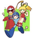  1girl 2boys android blonde_hair blue_eyes brother_and_sister brothers carrying commentary dress english_text green_eyes helmet highres koafreedraw mega_man_(character) mega_man_(classic) mega_man_(series) multiple_boys proto_man roll_(mega_man) running scarf shoulder_carry siblings smile yellow_scarf 