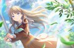  1girl aqua_neckerchief blue_sky breasts brown_dress brown_hair cellphone closed_mouth clouds dress dutch_angle falling_leaves floating_clothes floating_hair fujishima_megumi game_cg hasu_no_sora_school_uniform highres holding holding_phone lamppost large_breasts leaf lens_flare link!_like!_love_live! long_hair long_sleeves looking_to_the_side love_live! medium_dress neckerchief official_art phone pleated_dress sailor_collar sailor_dress school_uniform sky smartphone smile solo third-party_source tree two_side_up violet_eyes virtual_youtuber white_sailor_collar winter_uniform 