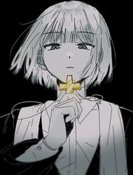  1boy 89_(8989_99) black_background blunt_bangs chinese_commentary collared_shirt commentary_request cross cross_necklace danganronpa_(series) danganronpa_another dress_shirt expressionless greyscale highres holding holding_jewelry holding_necklace jewelry long_sleeves looking_at_viewer male_focus monochrome necklace parted_lips priest robe shirt short_hair solo spot_color straight-on uehara_kinji upper_body 