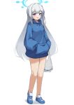  1girl bcag. blue_archive blue_footwear blue_halo blue_hoodie full_body grey_hair halo hands_in_pockets highres hood hood_down hoodie long_hair looking_at_viewer miyako_(blue_archive) open_mouth shoes simple_background smile solo violet_eyes white_background 