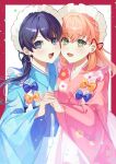  2girls :d blue_bow blue_eyes blue_hair blue_kimono border bow braid cheek-to-cheek crossed_bangs dark_blue_hair dkou floral_print_kimono frilled_kimono frills green_eyes hair_ornament heads_together highres hinoshita_kaho holding_hands interlocked_fingers japanese_clothes kimono light_blush link!_like!_love_live! long_hair long_sleeves looking_at_viewer love_live! low_twintails maid maid_headdress medium_hair multiple_girls murano_sayaka open_mouth orange_bow orange_hair outside_border pink_kimono plaid_kimono red_border side_braids smile swept_bangs twintails unconventional_maid upper_body wa_maid white_background wide_sleeves 