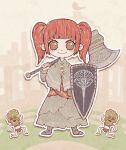  1girl animated animated_gif axe bead_bracelet beads bird blunt_bangs bracelet capelet character_request chibi dark_souls_(series) eleanor_(ohmyeleanor) english_commentary green_capelet green_footwear green_skirt holding holding_axe holding_shield holding_weapon jewelry light_blush orange_sky outline redhead shield short_hair short_twintails sidelocks skirt sky smile solo twintails weapon white_outline youtube 