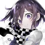  1boy arm_belt belt black_scarf chain checkered_clothes checkered_scarf closed_mouth commentary_request danganronpa_(series) danganronpa_v3:_killing_harmony dated hair_between_eyes head_tilt jacket light_blush light_particles long_sleeves male_focus nervous_smile oma_kokichi purple_hair scarf short_hair signature simple_background smile solo sweatdrop two-tone_scarf u_u_ki_u_u upper_body violet_eyes white_background white_belt white_jacket white_scarf white_sleeves wide-eyed 