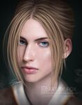  1girl annie_leonhart artbyfox artist_name blonde_hair blue_eyes closed_mouth commentary english_commentary english_text highres instagram_logo instagram_username looking_at_viewer portrait realistic shingeki_no_kyojin short_hair signature solo 