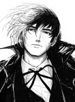  1boy absurdres black_jack_(character) black_jack_(series) greyscale highres looking_at_viewer male_focus monochrome multicolored_hair scar short_hair simple_background solo tiry_235 upper_body 