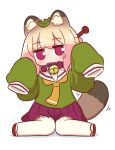  1girl animal_ear_fluff animal_ears bell blonde_hair blush brown_collar collar full_body green_shirt hair_bun hair_ornament hands_up highres jingle_bell jitome kemomimi-chan_(naga_u) kemonomimi_mode leaf leaf_on_head long_sleeves looking_at_viewer motion_lines naga_u neck_bell necktie orange_necktie original pleated_skirt puffy_long_sleeves puffy_sleeves purple_skirt raccoon_ears raccoon_girl raccoon_tail red_footwear revision ribbon-trimmed_thighhighs ribbon_trim sailor_collar sandals shadow shirt simple_background sitting skirt sleeves_past_fingers sleeves_past_wrists solo striped_tail tail thigh-highs violet_eyes wariza white_background white_sailor_collar white_thighhighs zouri 