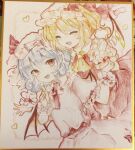  2girls absurdres ascot bat_wings blonde_hair blue_hair closed_eyes cowboy_shot crystal_wings flandre_scarlet hat hat_ribbon highres medium_hair mob_cap multiple_girls open_mouth red_ribbon remilia_scarlet ribbon side_ponytail simple_background sorani_(kaeru0768) touhou traditional_media white_background wings wrist_cuffs yellow_ascot 