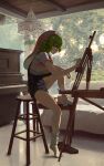  1girl absurdres breasts canvas_(object) easel english_commentary green_hair highres holding holding_paintbrush ichika_maia indie_virtual_youtuber instrument large_breasts leg_up loose_socks medium_hair mocomiliano orange_eyes overall_shorts overalls paintbrush painting_(action) piano profile rainbow_print scenery shirt shoes short_sleeves sitting socks solo stool striped_clothes striped_shirt tile_floor tiles unworn_shoes virtual_youtuber white_socks 