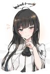  1girl absurdres ahoge arknights ascot black_ascot black_eyes black_hair bright_pupils commentary_request hand_up highres index_finger_raised long_hair mango_(mgo) shirt solo upper_body very_long_hair virtuosa_(arknights) white_pupils white_shirt 