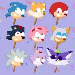  amy_rose big_the_cat blaze_the_cat commentary dripping english_commentary food food_focus foodification froggy_(sonic) highres knuckles_the_echidna melting no_humans popsicle purple_background rouge_the_bat sarahmcsquish shadow_the_hedgehog silver_the_hedgehog sonic_(series) sonic_popsicle sonic_the_hedgehog still_life tails_(sonic) 