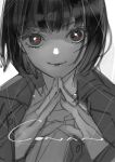  1girl bob_cut character_name eyelashes greyscale jacket jukkakukan_no_satsujin kawaminami_akira kiyohara_hiro medium_bangs monochrome own_hands_together short_hair simple_background sketch smile solo spot_color white_background 