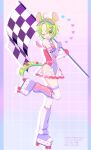  1girl ashton_marten_(vtuber) bow checkered_flag cheese_print cherry_print chinchilla_(animal) chinchilla_ears chinchilla_girl chinchilla_tail commentary commission elbow_gloves english_commentary flag food_print gloves green_eyes grid_background hair_ornament hairclip indie_virtual_youtuber leg_warmers multicolored_leotard one_eye_closed open_mouth racequeen roller_skates see-through see-through_skirt short_hair skates skeb_commission skirt tail tail_bow tail_ornament thigh-highs uxu_uxa_axa virtual_youtuber visor_cap white_thighhighs 