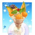  absurdres artist_name cantaloupe cup drinking_glass food food_focus fruit highres ice_cream no_humans original parfait plate star_(symbol) takisou_sou 