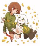  1boy 1other absurdres androgynous animal_ears asriel_dreemurr barefoot black_pants body_fur brown_footwear brown_hair brown_shorts chara_(undertale) crying crying_with_eyes_open eye_contact falling_flower falling_petals fangs fewer_digits floating flower foreshortening from_above full_body furry furry_male goat_boy goat_ears goat_tail green_eyes green_sweater heart_pendant highres holding holding_knife imminent_hug knife long_sleeves looking_at_another open_mouth outstretched_arms pants pawpads petals red_eyes shoes short_hair shorts simple_background skin_fangs sweater tadeno tail tail_through_clothes tears undertale white_background white_fur wide-eyed yellow_flower 