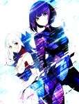  2girls bad_id bad_pixiv_id blue_eyes bob_cut bodysuit c.c.r_(ccrgaoooo) character_request closed_mouth copyright_request dress dutch_angle elbow_gloves gloves highres long_hair looking_at_viewer multiple_girls purple_bodysuit purple_hair red_eyes short_hair white_dress white_hair 