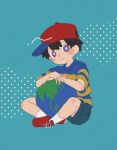 absurdres baseball_cap black_hair blue_eyes blue_shorts child earth_(planet) haru-cho hat highres holding looking_at_viewer male_focus mother_(game) mother_2 ness_(mother_2) planet shirt short_hair shorts sitting smile socks striped_clothes striped_shirt 