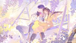  1boy 1girl absurdres black_socks black_undershirt blunt_bangs branch brown_choker brown_eyes brown_hair bug butterfly butterfly_on_hand choker closed_mouth couple crackingtaro dappled_sunlight day dress floating_clothes floating_hair flower hand_up highres jacket jewelry kneehighs lapels light light_smile long_sleeves looking_ahead looking_at_another love_and_deepspace necklace open_mouth outdoors pants parted_bangs pink_butterfly protagonist_(love_and_deepspace) puffy_short_sleeves puffy_sleeves purple_hair rafayel_(love_and_deepspace) shirt short_hair short_sleeves sitting socks sunlight undershirt violet_eyes weibo_watermark white_butterfly white_flower white_jacket white_pants white_shirt wind wisteria yellow_dress yellow_eyes 